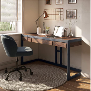 Escritorio industrial color marrón envejecido rústico con 2 cajones